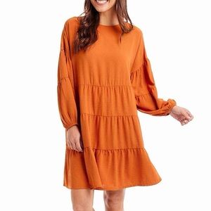 Mud Pie Rust Orange Long Sleeve Tiered Dress